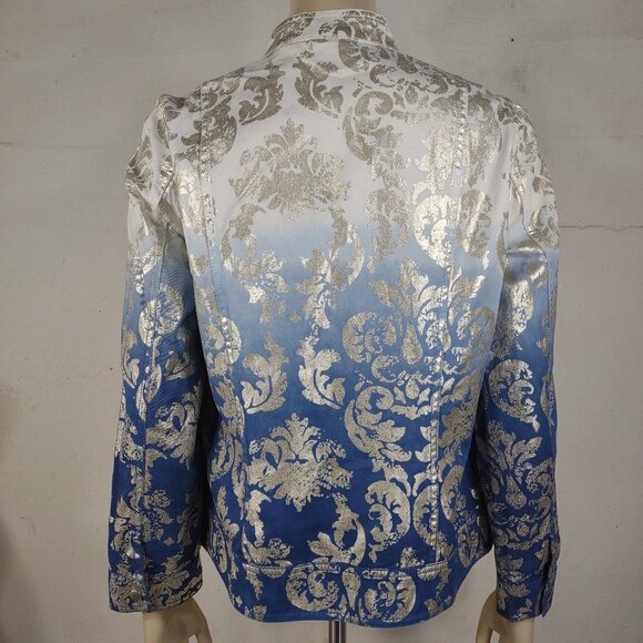 Chico's ombre blue white silver damask open front denim jacket ladies size 1 - Picture 4 of 7